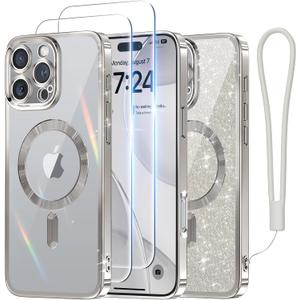 Meifigno Designed for iPhone 16 Pro Max Case 6.9", [Glitter Card & Wrist Strap] [Compatible with MagSafe] [2X Screen Protectors] Surround Lens Protection Designed for 16 ProMax Case, Silver Titanium