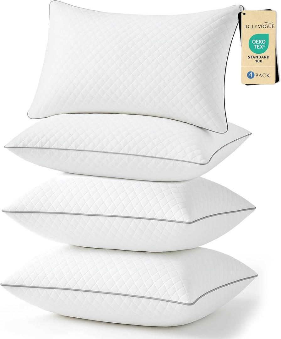 JOLLYVOGUE Pillows Queen Size Set of 4, Oeko-Tex Certified Bed Pillows for Side, Back, and Stomach Sleepers - Medium Support Down Alternative Filling, Machine-Washable