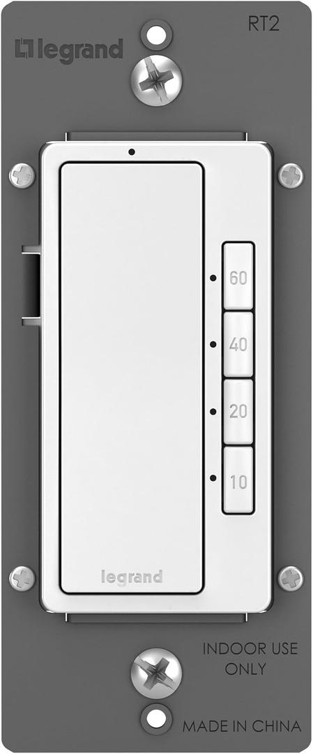 Legrand Radiant Digital Countdown Timer Rocker Light Switch, For Home Lighting Control, with Locator & Time Indicator, 60/40/20/10 Minute Settings, RT2WCCV4, White, 1 Count