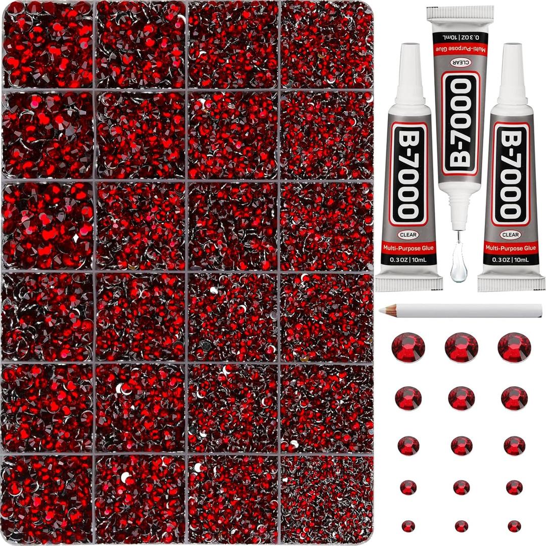 30000Pcs Resin Rhinestones Set for Crafting Bedazzling, Maroon Dark Red Burgundy Flatback Gems Jewels for Crafts Clothes Shoes Fabric Outfit Nails Makeup, Flat Back Crystal 2-6mm with b 7000 Glue (Large Pack + 3Pcs Glue)