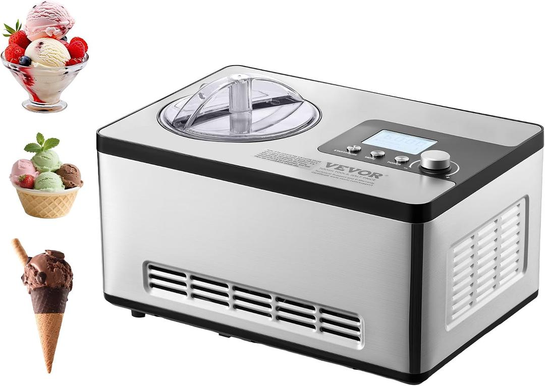 VEVOR Automatic Ice Cream Maker with Built-in Compressor, 2 Quart No Pre-freezing Fruit Yogurt Machine, Stainless Steel Electric Sorbet Maker, 3 Modes Gelato Maker with LCD Display & Timer, Silver