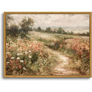OIQArtOIQ Framed Canvas Wall Art,Vintage Decor,Landscape Nature Country Wildflower Paintings Farmhouse Pictures Modern Artwork Rustic Fall Flower Prints Cottagecore Office Living Room Bedroom Bathroom (24L" x 16W")