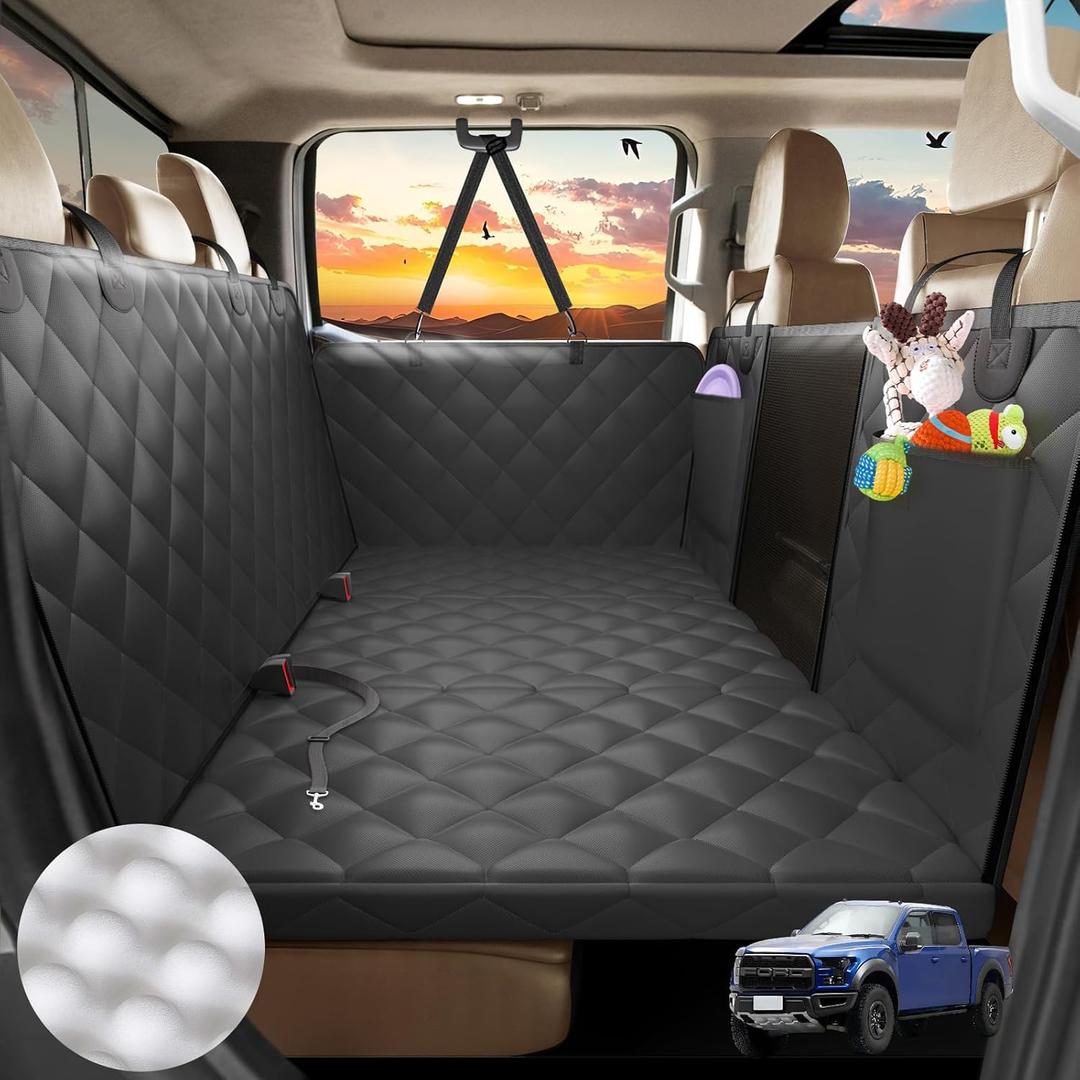 Back Seat Extender for Dogs, Hard Bottom Dog Seat Cover for Back Seat Truck, Dog Hammock for Truck, Upgraded Egg Crate Foam Material for Crew Cab F150, RAM1500, Sierra, Tundra, Silverado, Titan (59"Lx28.74"W-Full Size Truck, XL Black Egg Crate Foam)