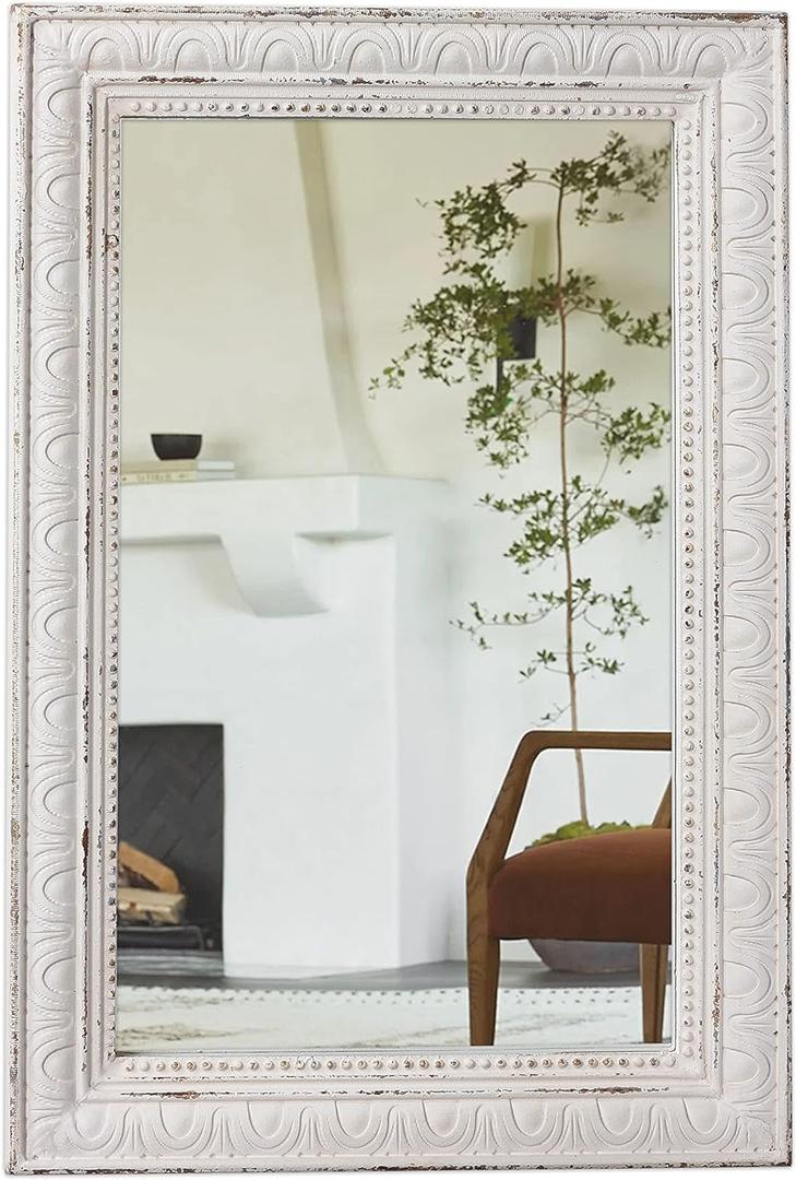 Large Vintage Mirrors for Wall 24 x 36 inches, Hanging Rustic Distressed White Mirror for Bedroom, Decorative Bathroom Vanity Mirror, Wood Framed Rectangular Wall Mounted Mirrors Decor