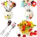 12 Pcs Food Picks for Kids with 2 Ceramic Jars Set of 2 Cute Cartoon Animal Fruit Forks Kids Toothpicks Stainless Steel Bento Picks for Kids with Silicone Handles Back to School Party Supplies