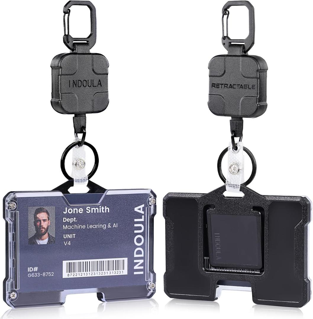 INDOULA Retractable Horizontal Badge Holder,ID Card Holder with 31.5" Retractable Reel and 4 Cards Slot(1 Pack,Black).