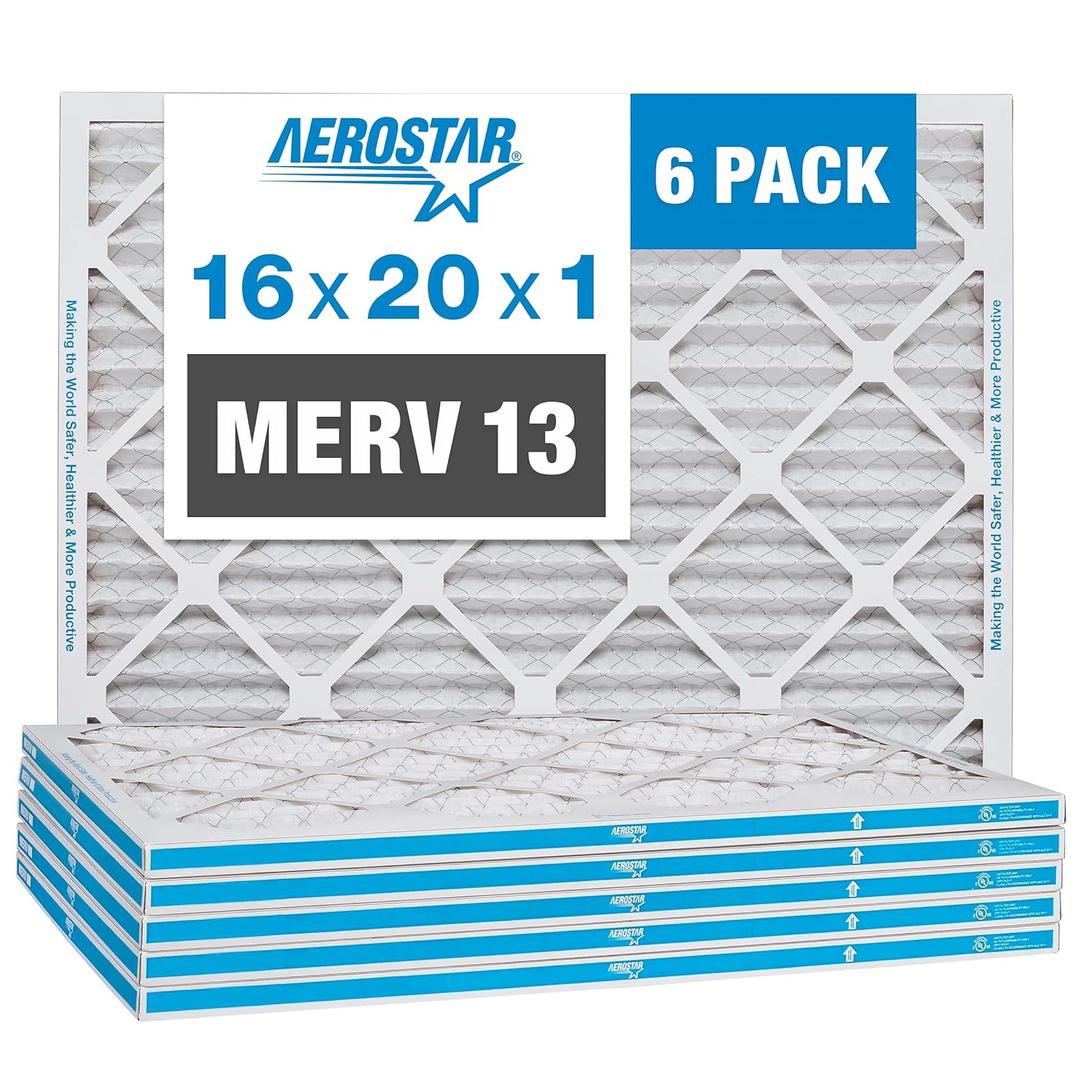 Aerostar 16x20x1 Air Filter MERV 13 (For Allergies, Dust, Lint, Mold, Pet Dander, Smoke, Smog & Bacteria) - Electrostatic MPR 1500 - 1900 & FPR 10 - Pleated HVAC AC Furnace Air Filters - Pack of 6