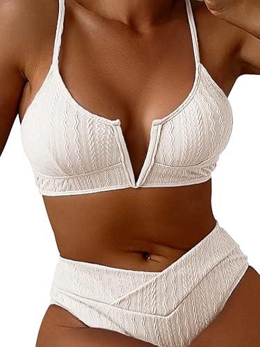 HYTENSUN Women's V Cut High Waisted Bikini Ribbed V-Wired Cami Two Pieces Swimsuit (Large, White)