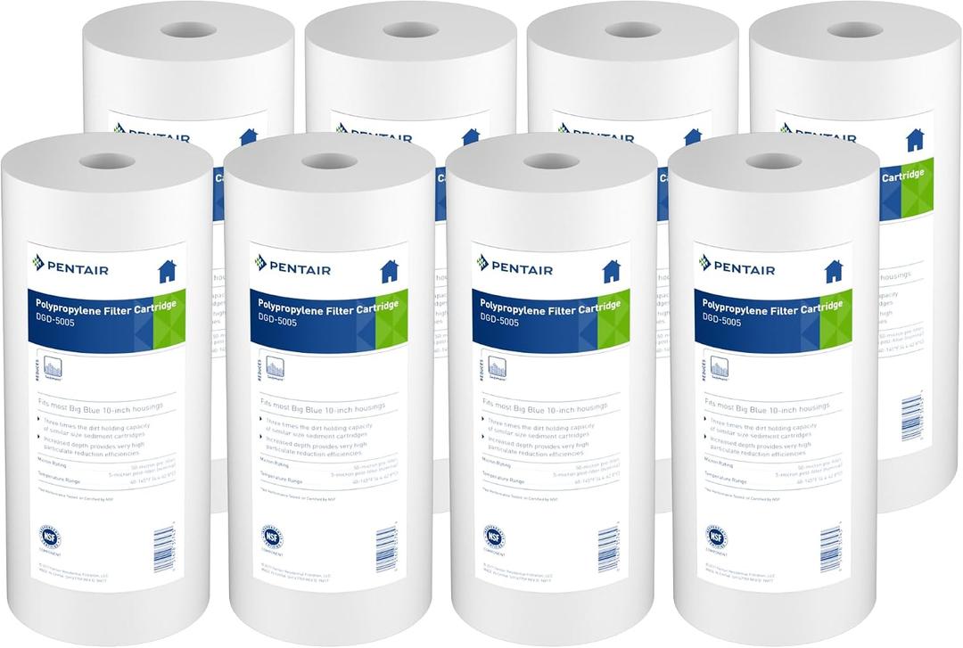 Pentair Pentek DGD-5005 Big Blue Water Filter, 10-Inch Whole House Sediment Filter Cartridge Replacement, Dual-Gradient Density Spun Polypropylene, 10" x 4.5", 5 Micron, Pack of 7