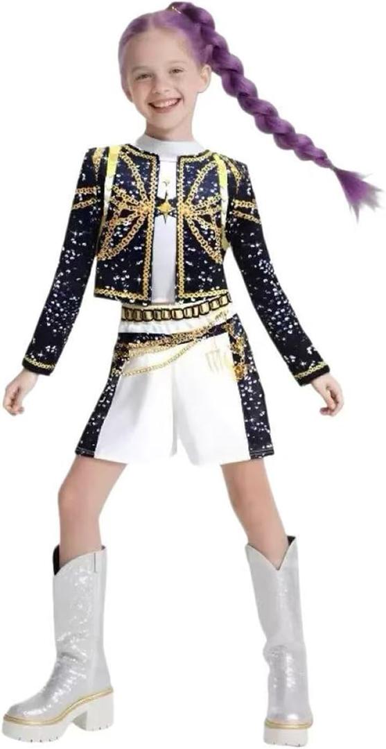 Girls Halloween Costume, Black and Yellow Polyester Top and Pants Set for Cosplay Events and Parties, Size 120