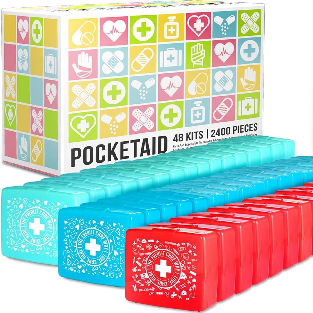EVERLIT Pocket-Aid Mini First Aid Kit | Compact, Portable Hard-Shell Cases of 50 Items | Cuts, Scrapes, Wound Care Essentials for Travel, Outdoor, School, Camping, Home, Office (48 Packs | 2400 Pcs)