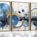 OIQArtOIQ 3 Piece Large Abstract Canvas Wall Art For Living Room Blue and Gold Framed Wall Art Modern Aesthetic Minimalist Art Prints Artwork For Bedroom Office Dining Room 12x16 in