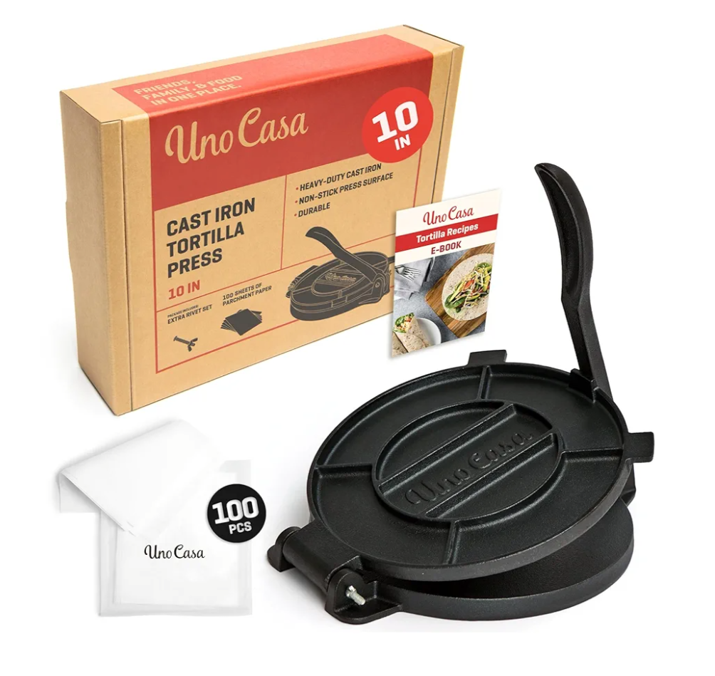 Uno Casa Cast Iron Tortilla Press 10 Inch - Tortilla Maker Press, Pre-Seasoned Roti Maker with 100 Pcs Parchment Paper - Heavy Duty Quesadilla Maker for Homemade Flatbreads, Rotis, Empanadas