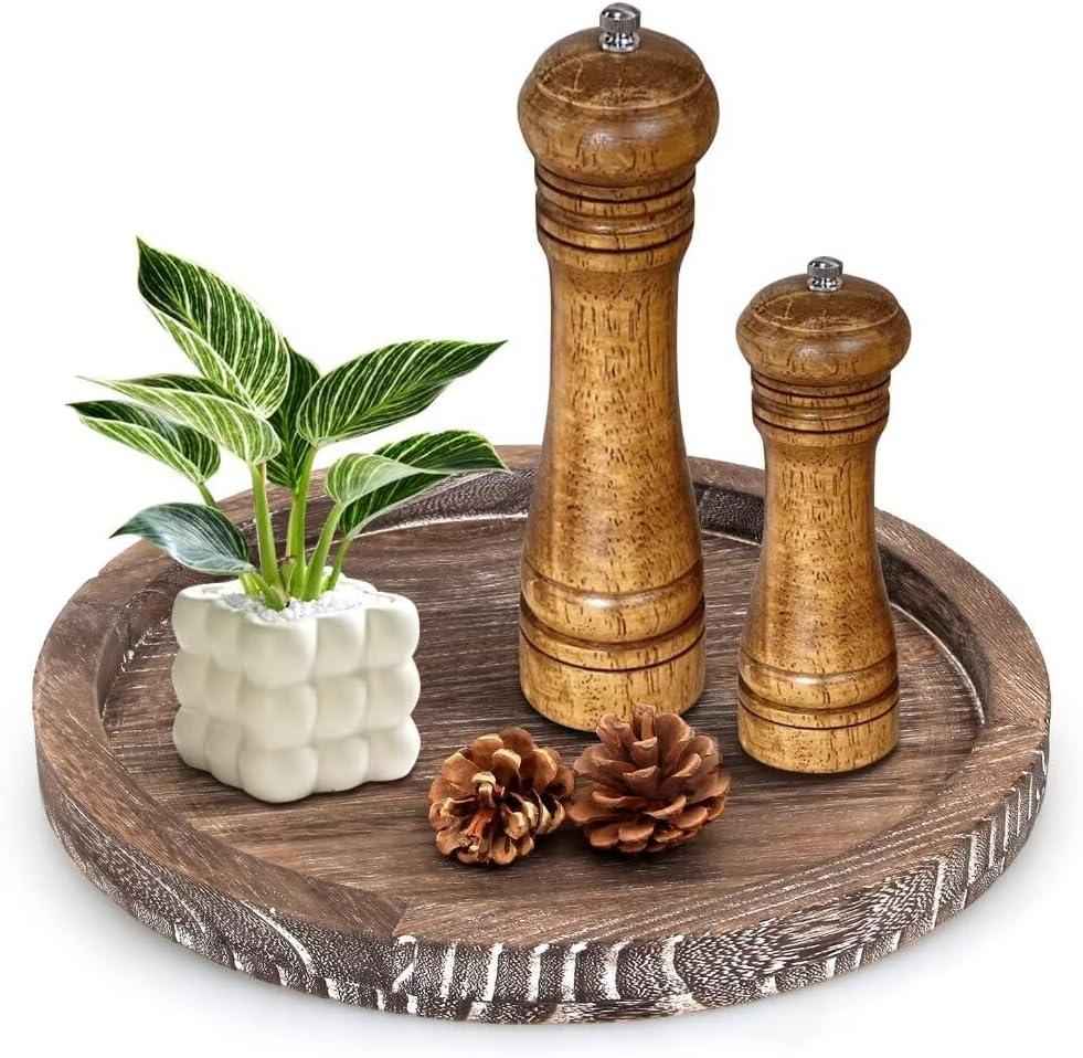 Round Decorative Wooden Serving Trays for Ottoman Coffee Table Tray Farmhouse Kitchen Home Decor Accents Circle Circular Wood Decorations Trays Rustic Dining Table Centerpiece Candle Holder Tray (12", Washedwhite)