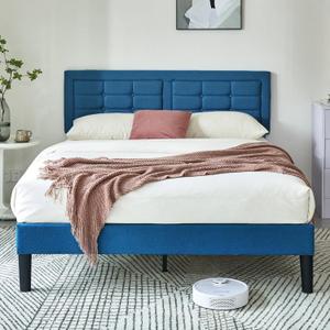 VECELO Full Size Bed Frame with Headboard, Upholstered Button Tufted Platform Bedframe with Wood Slats Support, No Box Spring Needed, Aegean Blue