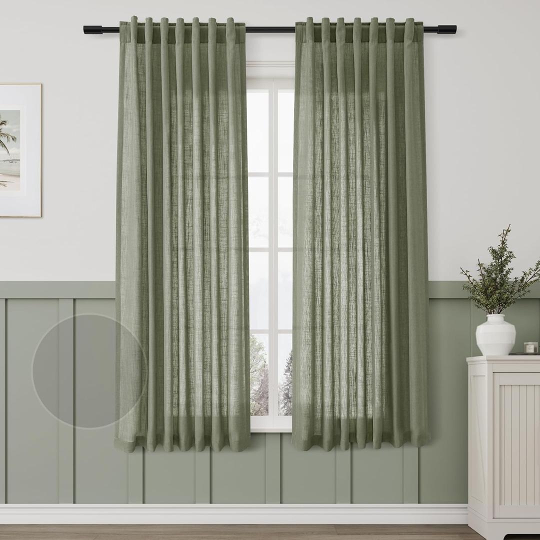 Aersas Olive Green Living Room Linen Textured Curtains 63 Inch Length 2 Panels Back Tab Pocket Boho Farmhouse Lightweight Drapes Semi Sheer Light Filtering Curtains for Bedroom Dining Room 52x63