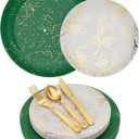 Trendables Christmas Plates Disposable 100 Pcs Christmas Dinnerware Set, Christmas Plastic Plates Set Includes: 20 10" Dinner Plates, 20 8" Dessert Plates & 20 Of Each Gold Forks, Knives & Spoons (100 Pack With Cutlery)