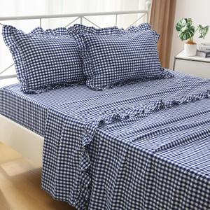 Navy Blue White Plaid Ruffle Sheets Queen Size 4-Piece Set, 300TC 100% Yarn Dyed Cotton Sheets 18 in Deep Pocket Classic Gingham Decorative Bedding (Navy Blue/White Plaid, Queen)