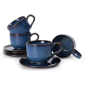 Ceramic 3.7oz Coffee Mugs Set of 4, Coffee Cups with Saucers, Cappuccino Cups with Saucers, Porcelain Coffee Mugs for Tea, Latte, Espresso (Blue)