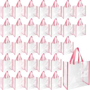 Eccliy 30 Pack 12x12x6 Inch Clear Tote Bag Stadium Approved Bulk Plastic Beach Tote Gift Bag with Handle for Gym Sports | 30 Pack, 12x12x6 Inch, Stadium Approved, Bulk, Tote Gift Bag, with Handle (Pink)