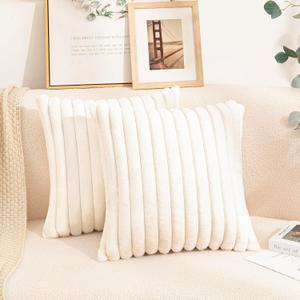 Uhomy Set of 2 Faux Fur Home Decorative Throw Pillow Cover Luxury Super Soft Fuzzy Striped Furry Pillowcase for Sofa Couch Bedroom Comfy Thick Fluffy Plush Cushion Cover 18x18 Inch 45 cm White