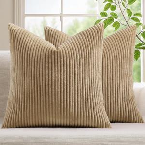 Mecatny Corduroy Decorative Throw Pillow Covers 22x22 Set of 2 for Sofa Living Room, Soft Neutral Boho Couch Pillow Covers for Home Decor, Khaki
