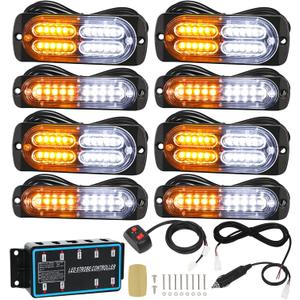 LINKITOM 8pcs Ultra Slim Sync Feature Car Truck Surface Mount Emergency Hazard Warning Strobe light with Strobe Controller and Wiring Harness (Amber & White)