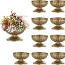 NUPTIO Gold Compote Vase for Centerpiece: 8.5" Wide Short Pedestal Footed Bowl for Flowers - Distressed Brass Urn for Decorative Wedding Table Set of 10