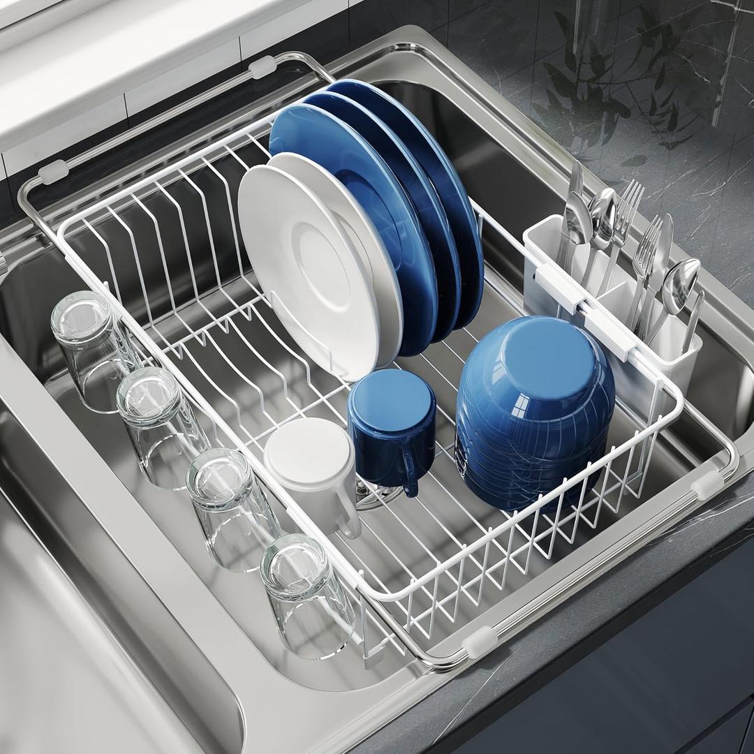 Dish Drying Rack in Sink, Small Dish Drainers for Inside Sink, Over The Sink Dish Racks, Stainless Steel Sink Drying Rack with Utensil Holder, White