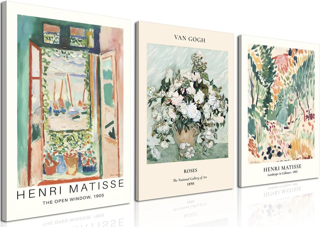 Framed Green Vintage Canvas Wall Art Set of 3 - Van Gogh Abstract Rose Pictures Wall Decor, Mid Century Modern Matisse Artwork Paintings Prints for Living Room Bedroom Bathroom 12x16 inch