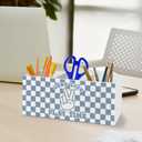 Blue Checkered Classroom Pen Pencil Holder Organizer for Desk Accessories, Trendy Preppy Long Live Play Time Wooden Box Sign Desk Decor for Kids Boys Room Bedroom Playroom Decoration