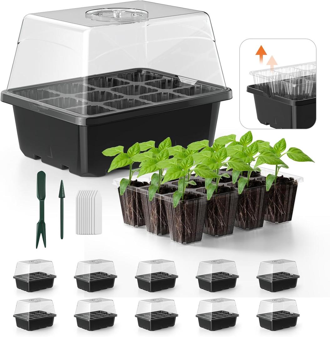 Seed Starter Tray, 10PCS Seed Starter Kit, Seedling Starter Trays with Heightened Lids for Seed Staring, Indoor Gardening Plant Germination Trays (12 Cells per Tray) Black