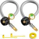 2-Pack 15 inch RV Propane Tank Hose with Gauge Replacement, Propane Pigtail for RV Propane Regulator 2 Tank Connection Kit, QCCI to 1/4'' Male Flare Dual Propane Stainless Steel Braided Hose