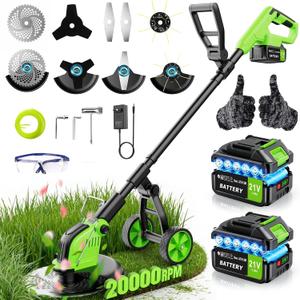 800W Brushless Cordless Weed Wacker with Wheels, Up to 20,000 RPM, 12" 4-in-1 String Trimmer, Weed Eater, Lawn Edger, Mini Mower & Brush Cutter, Foldable, 2×21V 4.0Ah Batteries, Up to 120 Min Runtime