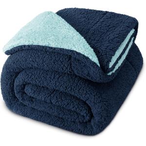 Exclusivo Mezcla Reversible Queen Size Sherpa Blanket, Thick and Warm Fleece Blankets for Winter, Soft Plush Fluffy for Bed, 90x90 Inches, Navy/Light Blue