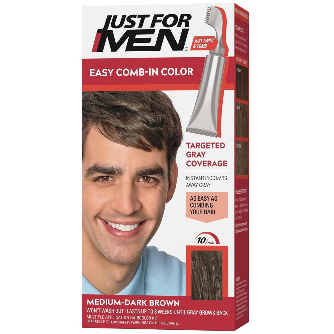 2 x Just For Men Easy Comb-In Color Mens Hair Dye, Easy No Mix Application with Comb Applicator - Medium-Dark Brown, A-40, Pack of 1