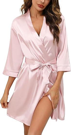 Samring Women's Bride Bridesmaids Robe Short Satin Kimono Robes for Wedding & Bridal Party Silk Bathrobes for Women (Pink)