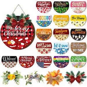 Vicenpal Interchangeable Welcome Sign for Front Door with 17 Magnetic Icons, Wooden Seasonal Front Porch Door Decor with 4 Seasonal Wreaths and 17 Changeable Icons for Holiday Party