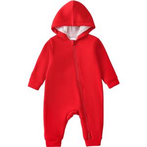 ROMPERINBOX Baby Boy Jumpsuit 2-Way Zipper Romper Hooded Fleece Lined Long Sleeve Footless Solid Outfits 0-24M (3-6 Months, Red)