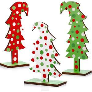 Meooeck 3 Pcs Lime Green Wood Christmas Tree Tabletop Bendable Christmas Tree Small Decor Farmhouse Standing with Rectangular Base for Home Office Tabletop Decor(Polka Dot)