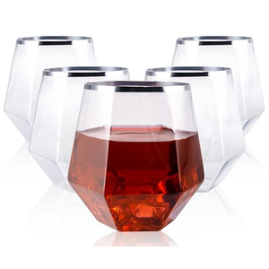 LUODA 32 Pack Silver Plastic Glasses,12 Oz Disposable Whiskey Glasses, Silver Stemless Diamond Shaped Glasses For Serving , Cocktail, Whiskey,Wedding