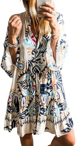 SELINK Womens Long Sleeve Dresses Casual V Neck Tribal Print Button Flowy Boho Mini Beach Dress, Medium