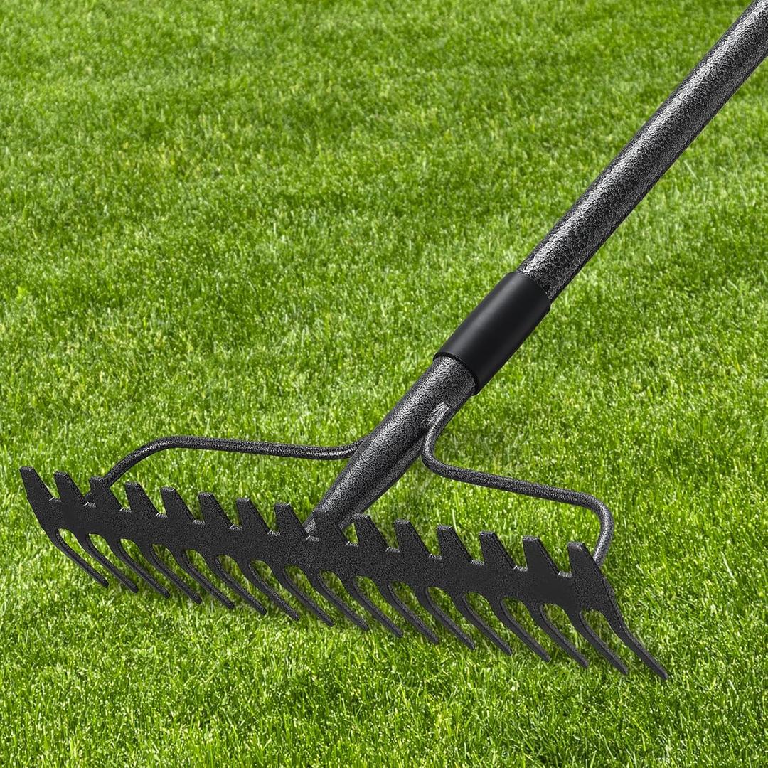 63'' Bow Rake 17 Tines Metal Head Rakes with Stainless Steel HandleHeavy Duty Garden Rake for Loosening Soil Gathering Leaf Leveling Lawn Farming Land Management Yarn Thatch Rake