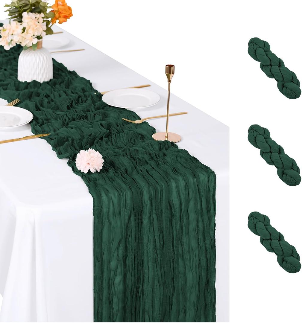 3 Pack Emerald Green Cheesecloth Table Runner, 17 x 108 inch, Semi Sheer Boho Cheese Cloth Fabric Table Runner Bulk for Wedding, Birthday, Party, Holiday, Home Decor (Emerald Green)