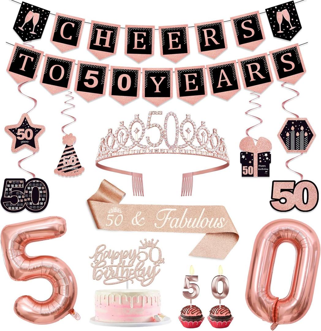 50th Birthday Decorations for Women with Banner, Hanging Swirls, Balloons, Crown and Sash, Cake Topper and Candles, Womens 50th Birthday Decorations