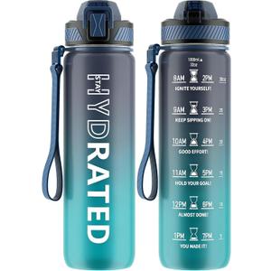 Water Bottle with Straw, 32oz Motivational Water Bottles with Time Marker to Drink, Tritan BPA Free, 1L Sports Water Bottle with Carry Strap LeakProof for Women Gym Fitness Outdoor (1 Pack) (Dark Blue)
