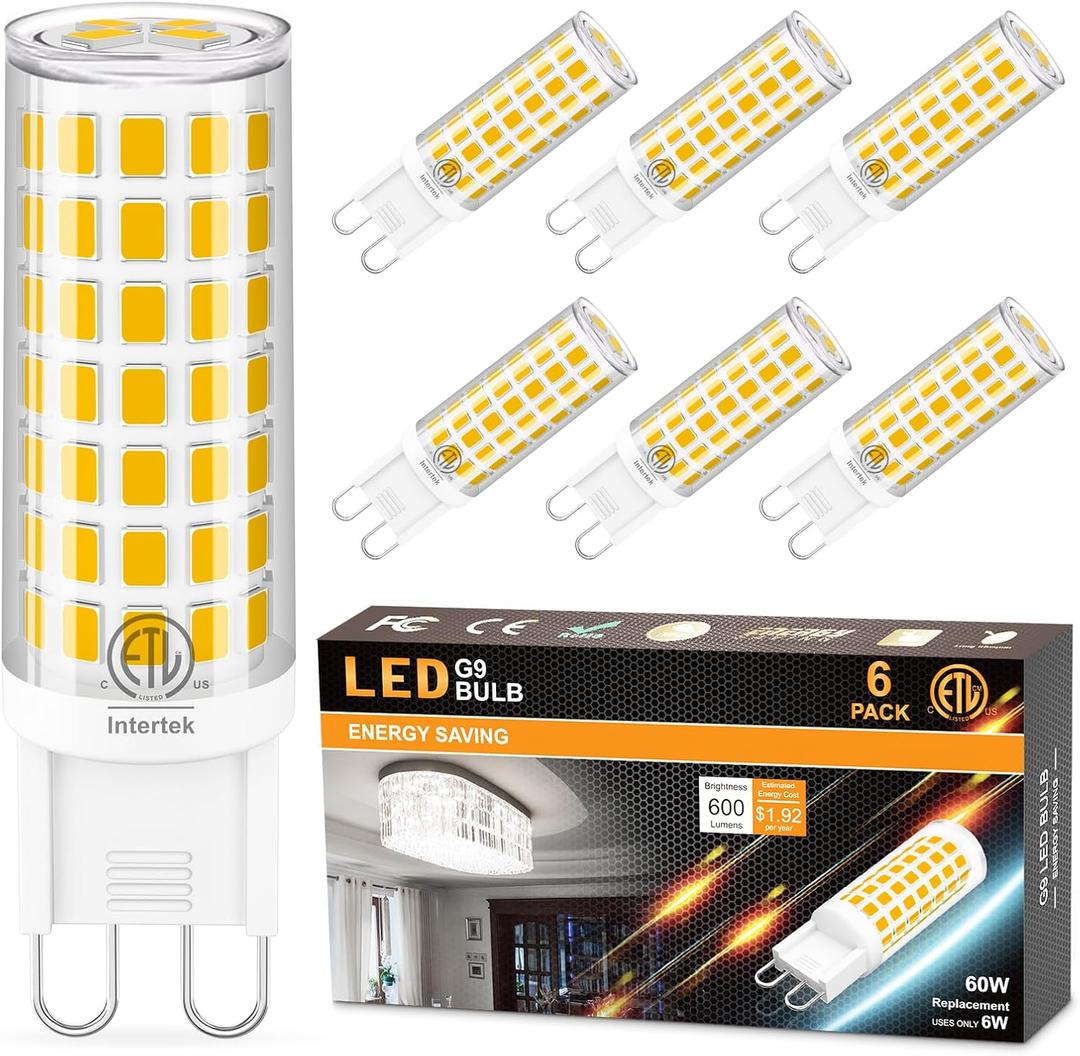 hansang G9 LED Bulb Bi Pin Ceramic Base 2700K Soft White, 60W Halogen Equivalent T4 LED Light Bulbs, G9 Base Chandelier Light Bulb for Home Lighting, 600LM, Non-dimmable, 6 Pack