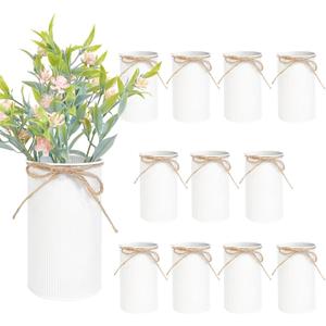 6" High Farmhouse Vases for Centerpiece, Rustic Mason Jars with Twine Bow for Flowers, Vintage Galvanized Metal Vase Tin Bucket for Wedding Home Decor (White, 12Pcs)