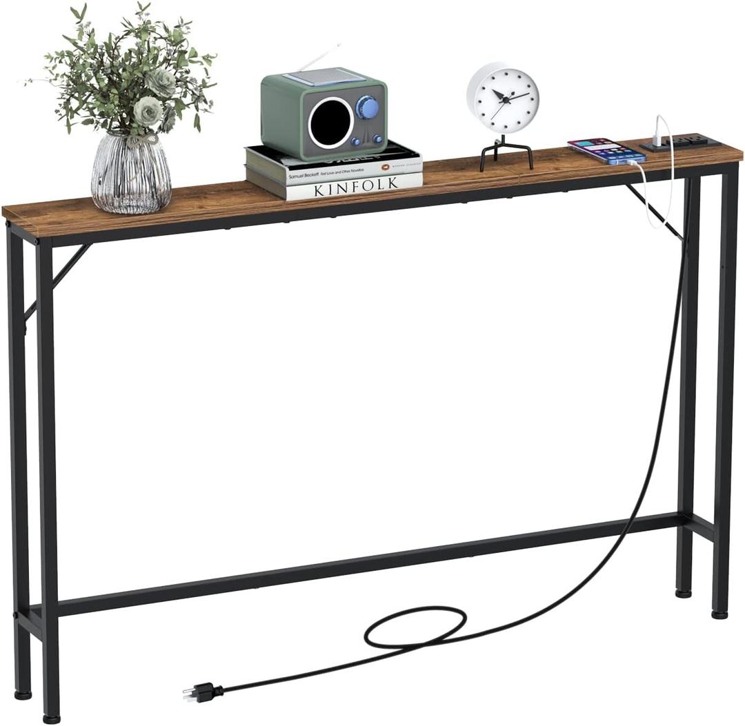 Tohomeor 5.9" Skinny Behind Sofa Console Table with Charging Station 47.24" Narrow Long Behind Couch Table with Power Outlets USB Ports Thin Entry Table for Entryway Living Room Hallway (Brown)