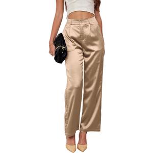 Heipeiwa Women's Wide Leg Wedding Party Satin Casual Dress Nightout Pants Long Trouser, Size Small (Gold)
